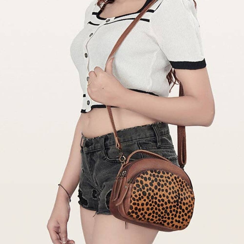 American Darling Brown Leather Crossbody Bag with Leopard Print Front - Picture 6 of 13